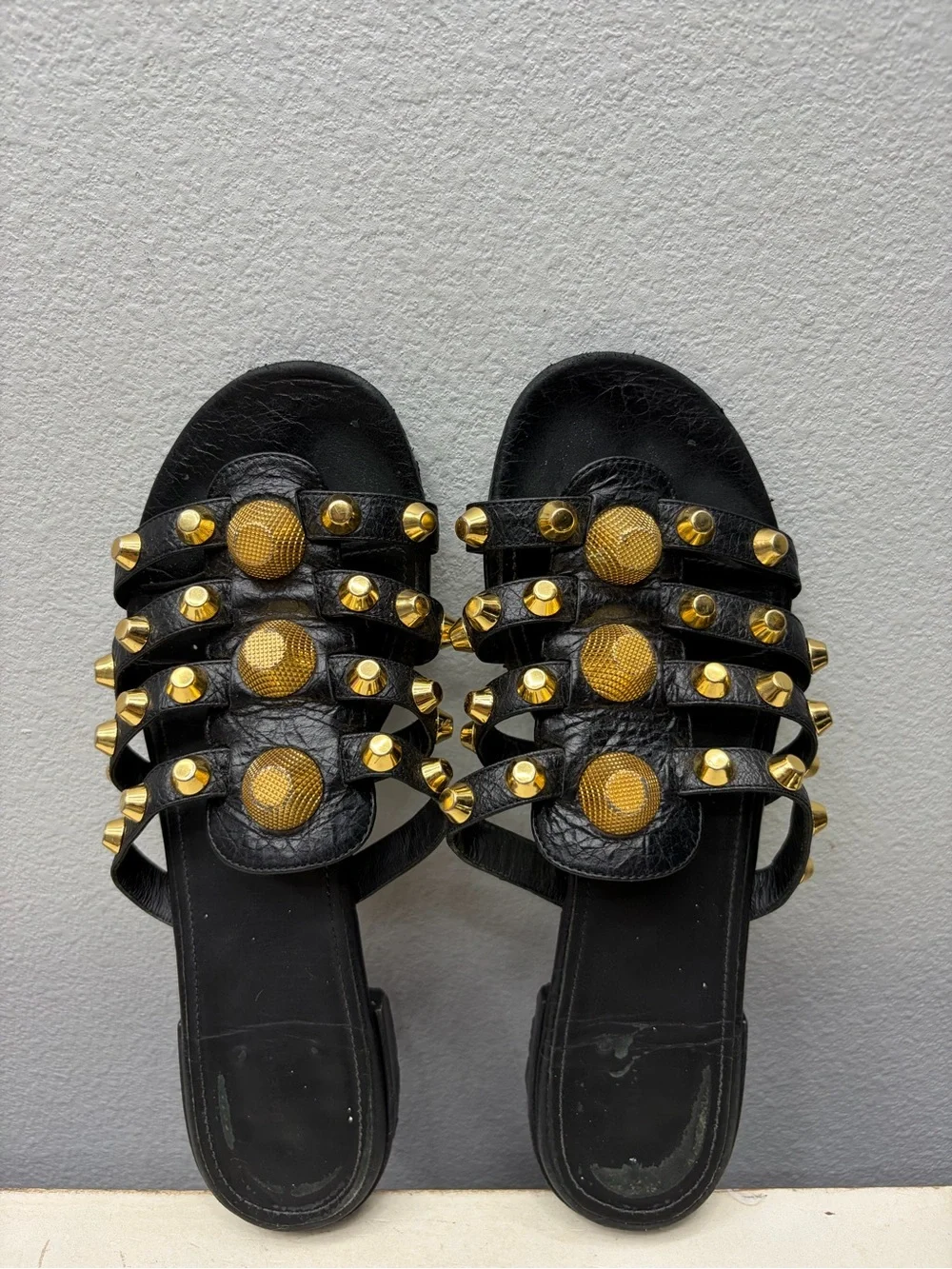 Balenciaga Black Leather Palladium Giant Gold Studded Flat Sandals Size 38